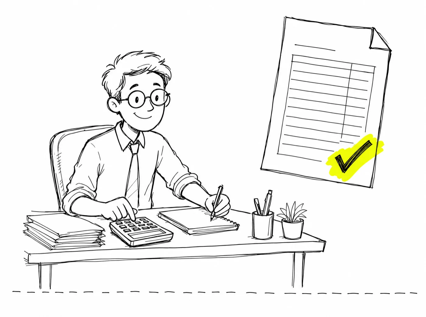 An accountant at a tidy desk with a calculator, beside an invoice carrying a highlighted tick