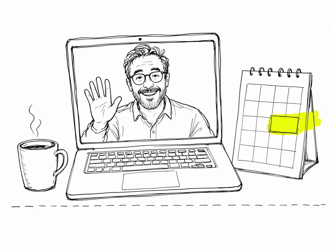 A coach's laptop showing a smiling client on a video call, beside a calendar with one booked slot highlighted