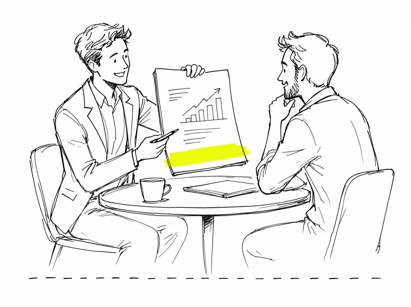 A consultant presenting a proposal document with a chart to a client across a small table