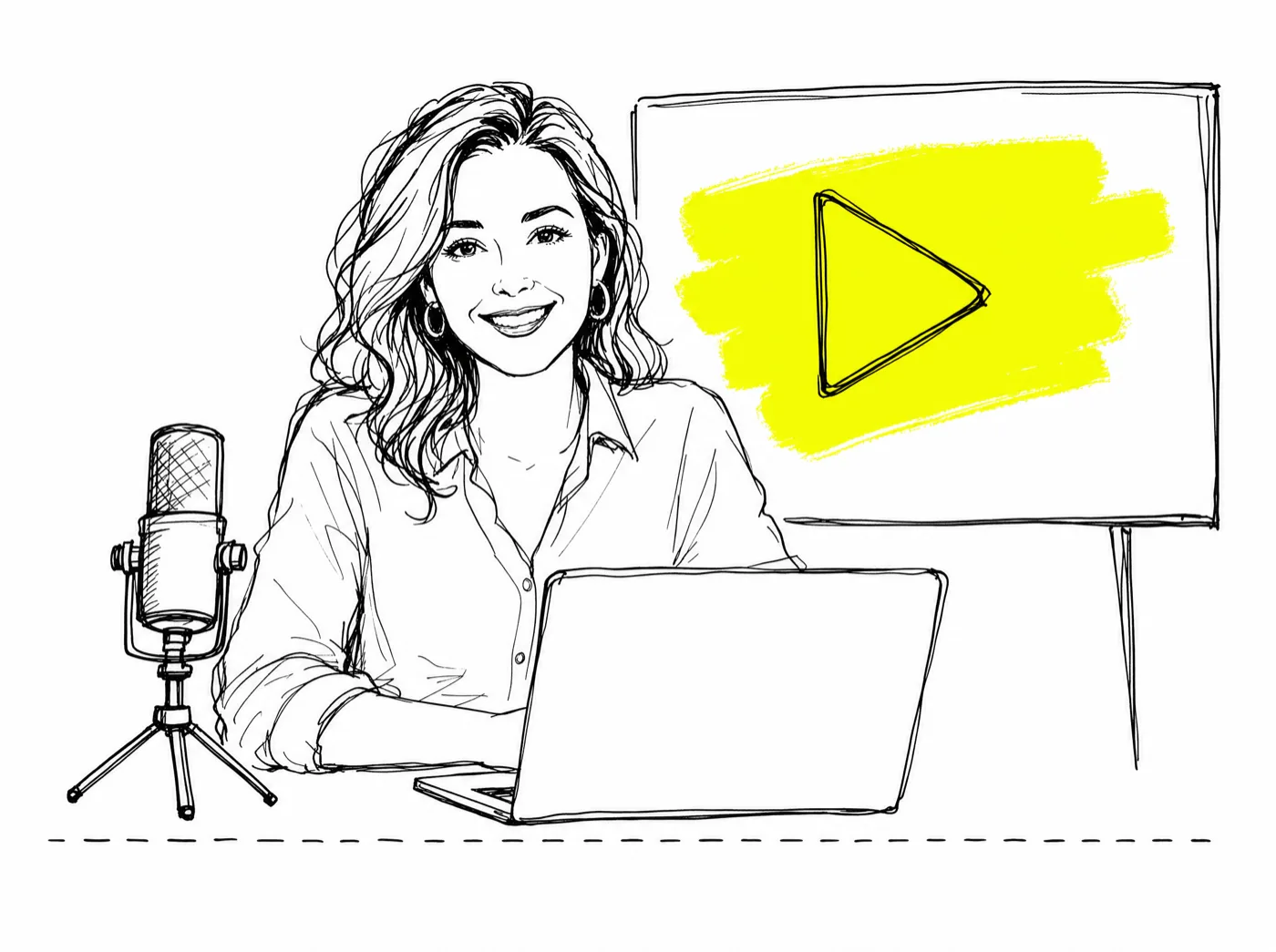 A course creator recording a lesson at her desk, a play button highlighted on the screen behind her