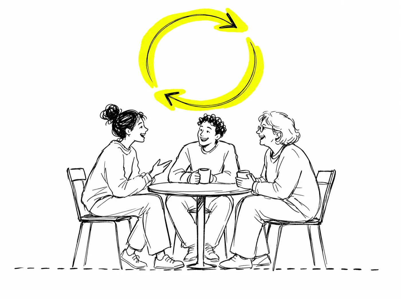 Three members talking around a small table beneath a circular pair of renewal arrows