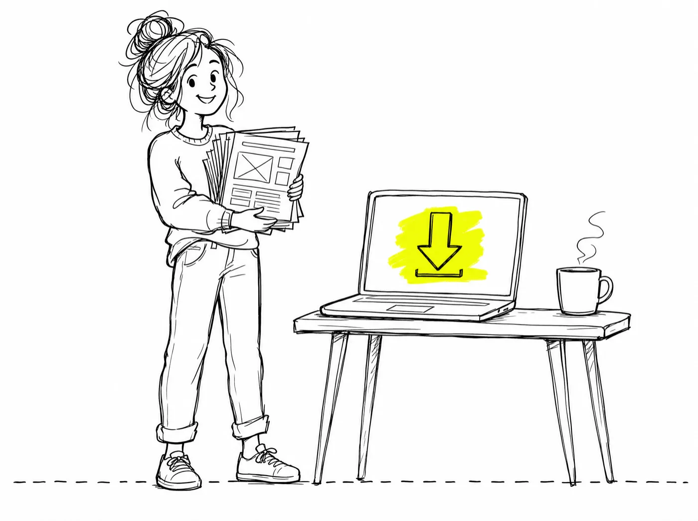 A template seller holding a stack of printed templates beside a laptop showing a highlighted download arrow