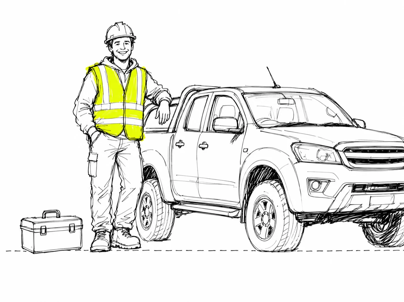 A builder in a yellow hi-vis vest and hard hat beside a ute, toolbox at their feet