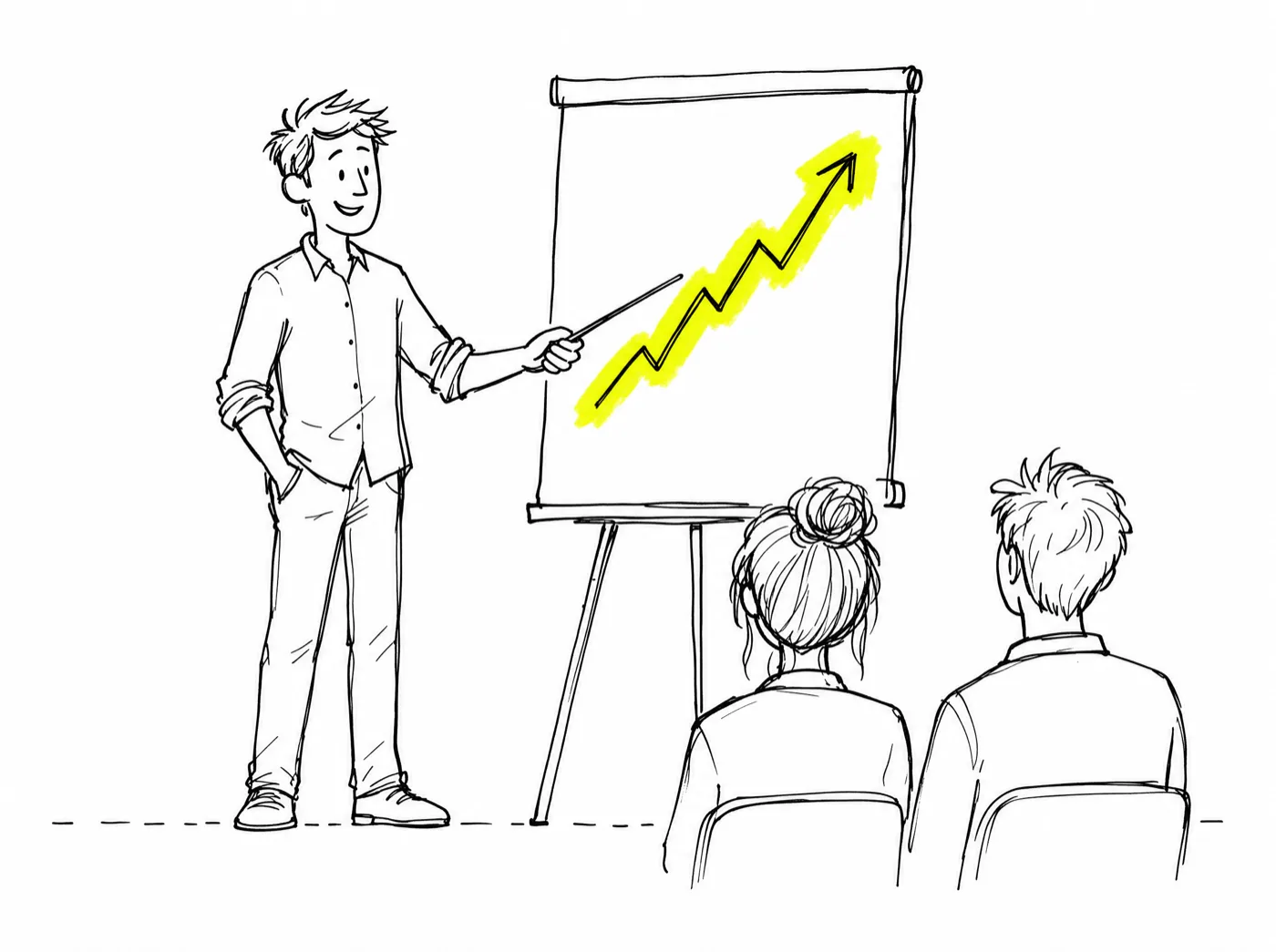 A workshop presenter pointing at a rising highlighted line on a flip chart while two attendees watch